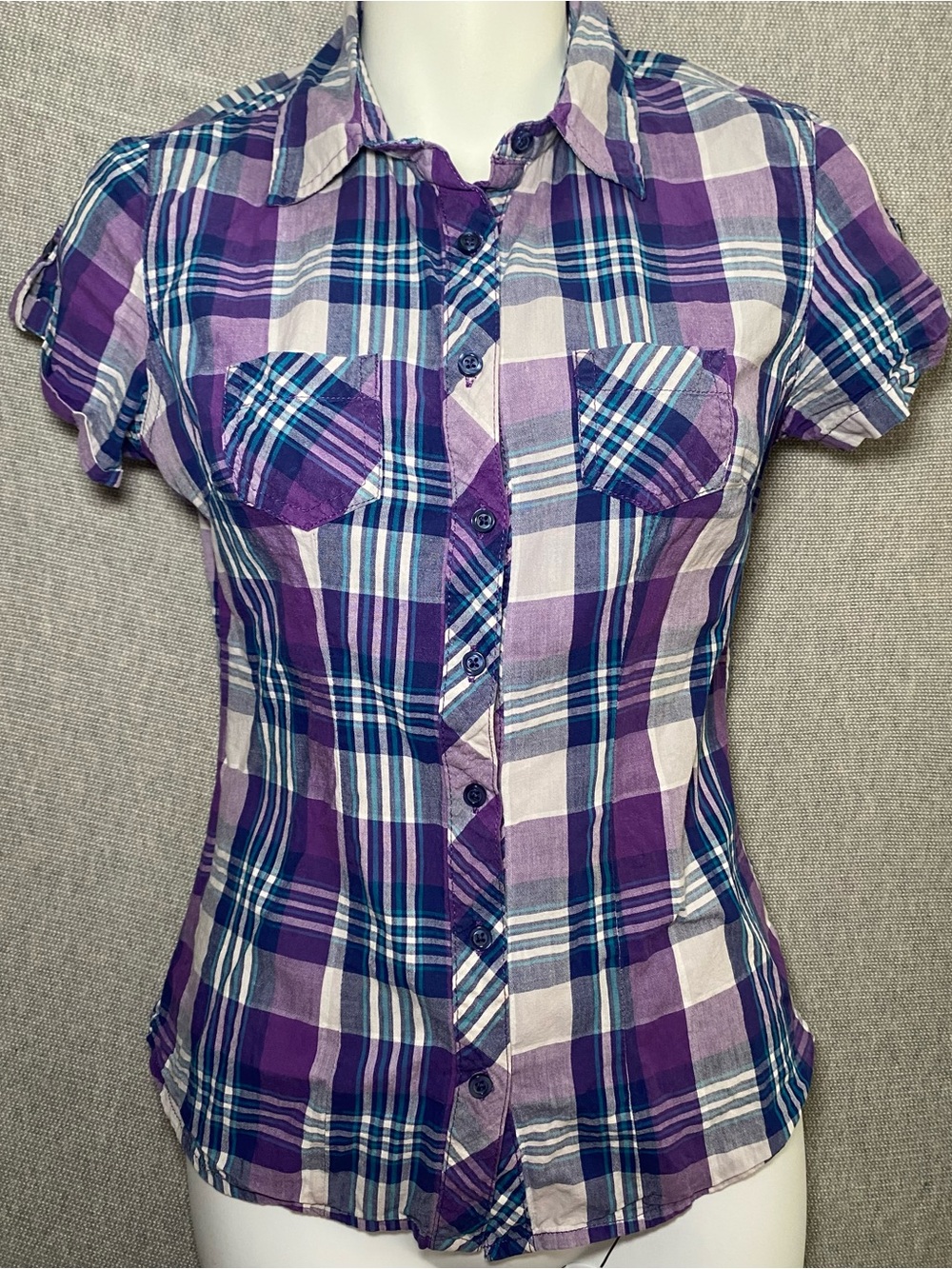 Vtg Y2K OP Top Music Scene Emo Purple Button-Up Short Sleeve Juniors Small